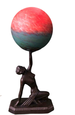 Art Deco Vintage Nude Lady Spelter Statue Lamp French Pate de Verre Globe