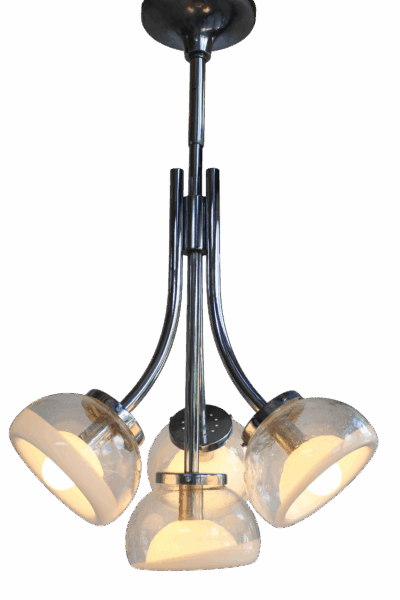 Gaetano Sciolari Attr. Four Arm Murano Glass Chrome Chandelier, 1970s