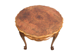 Large coffee table in Baroque style, mid century, with claw foot legs, burl wood scalloped top.