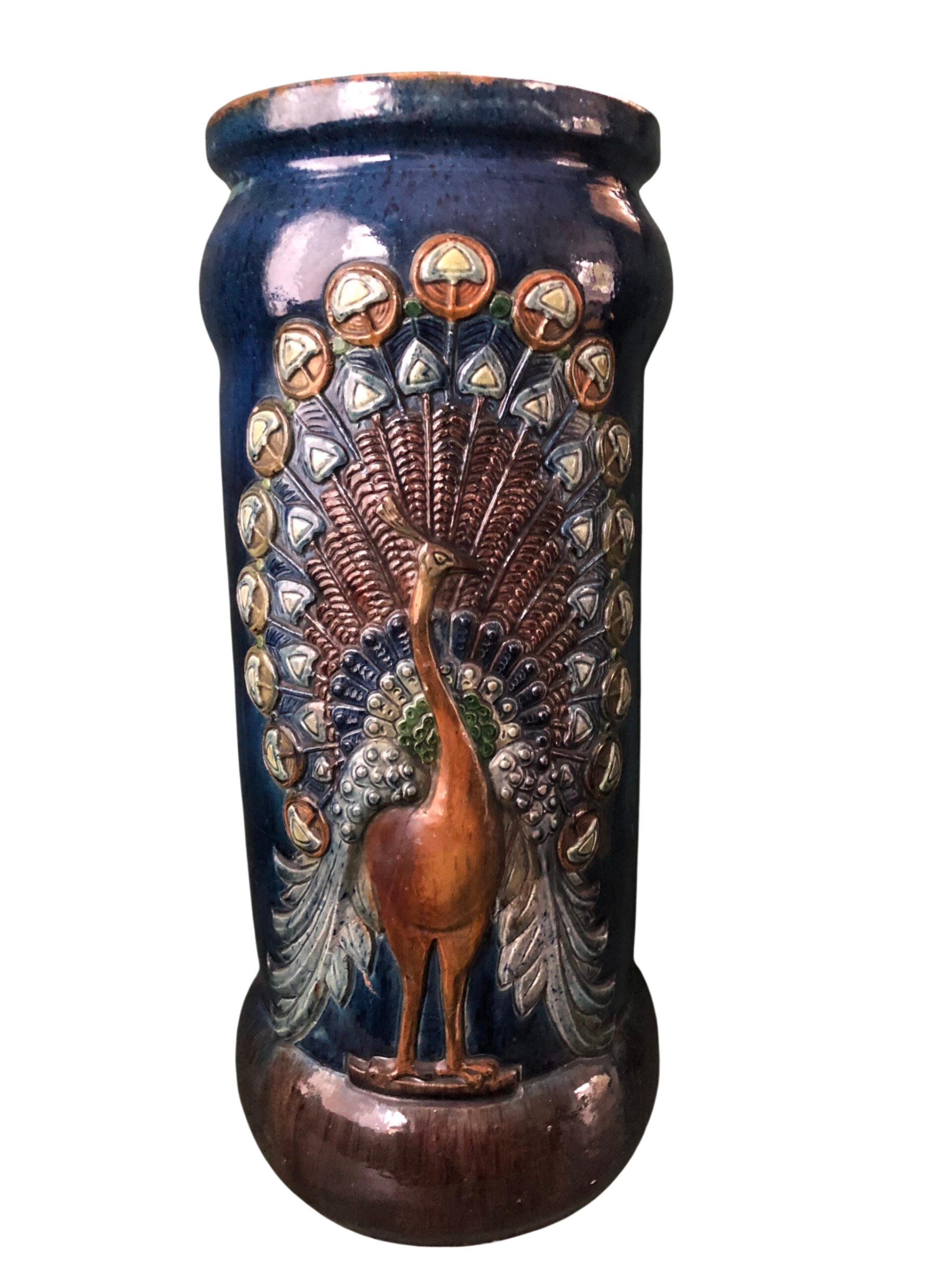 Art Nouveau Flemish Earthenware Pottery Huge XL Vase or Umbrella Stand Decorated with a Peacock, 1900s