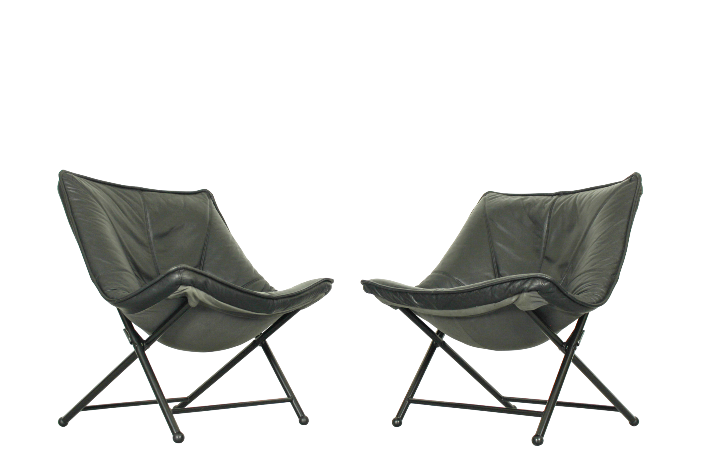 Folding Lounge Chairs in black leather by Teun van Zanten for Molinari, 1970s