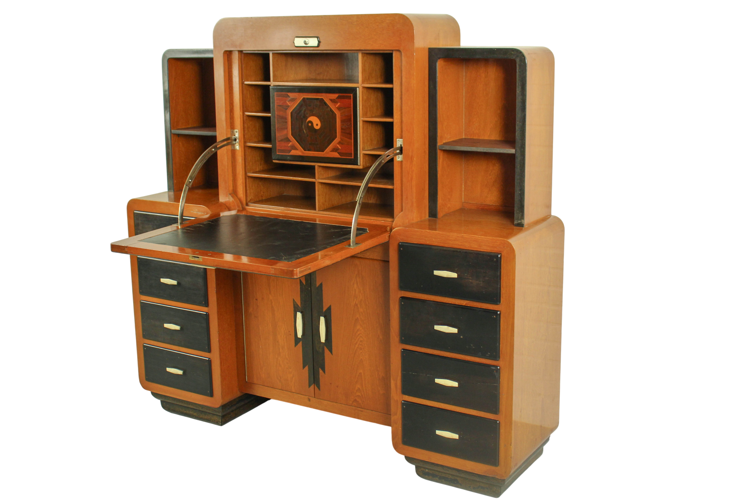 Solid high quality teak art deco secretaire by Gerson’s furniture store, produced in Bangkok, 1930s.
