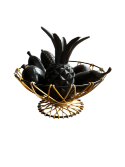 Mid-Century Modern Fruit Basket with Hand-Carved Wooden Fruit