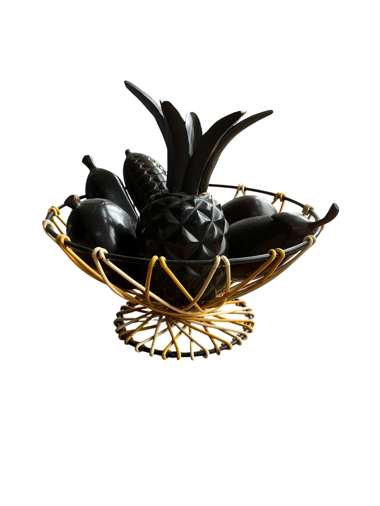 Mid-Century Modern Fruit Basket with Hand-Carved Wooden Fruit