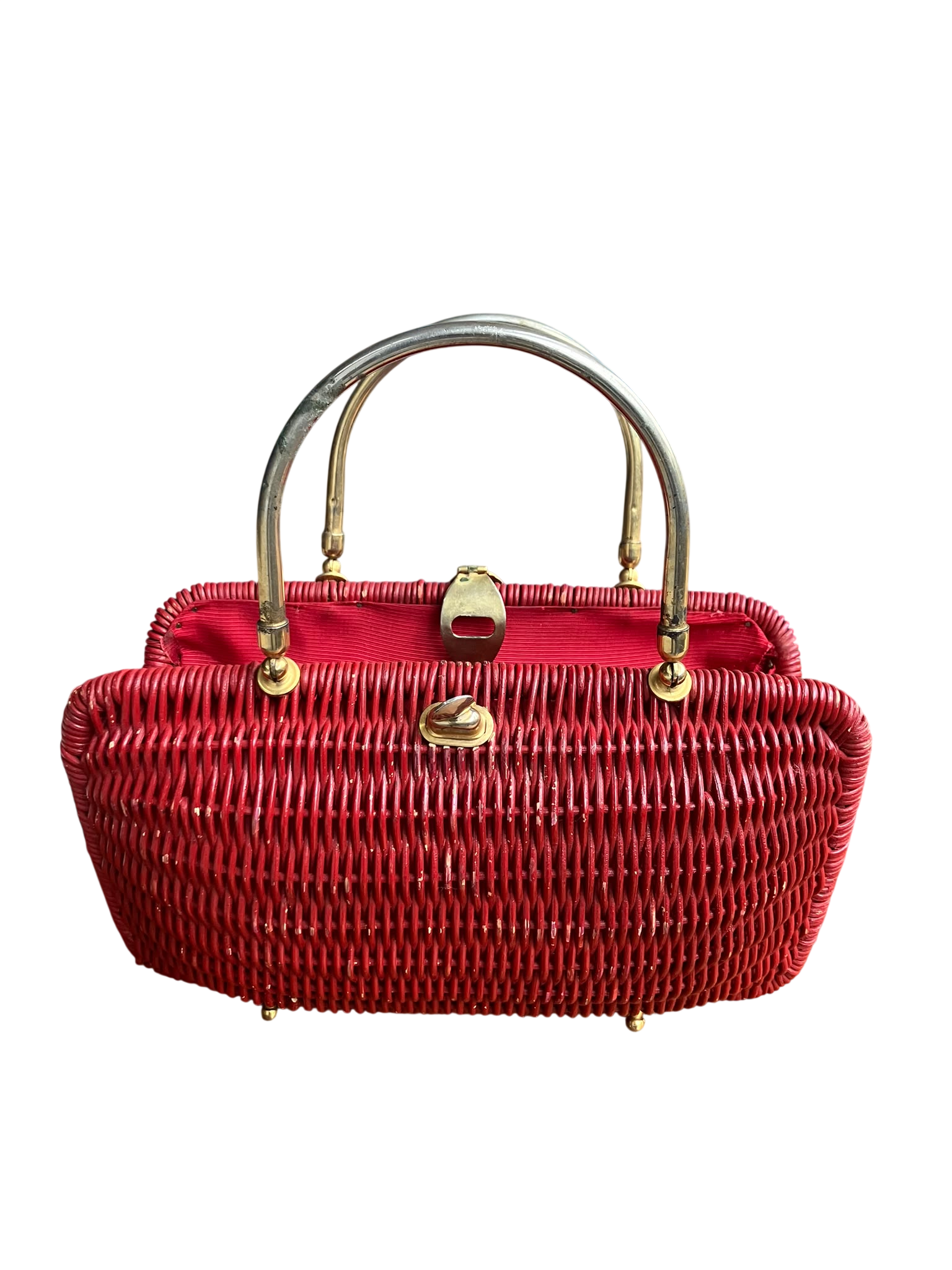 Vintage Italian Woven Handbag with Brass Handles
