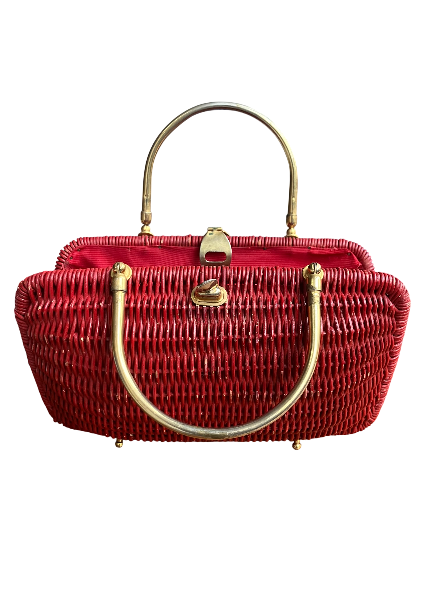 Vintage Italian Woven Handbag with Brass Handles - Image 2