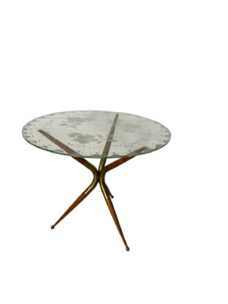Italian Mid-Century Modern Round Glass Side Table with Brass and Wood Tripod Base, 1950s–1960s
